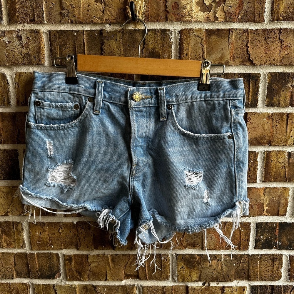 BDG Blue Distressed Jean Shorts with Frayed Hem
